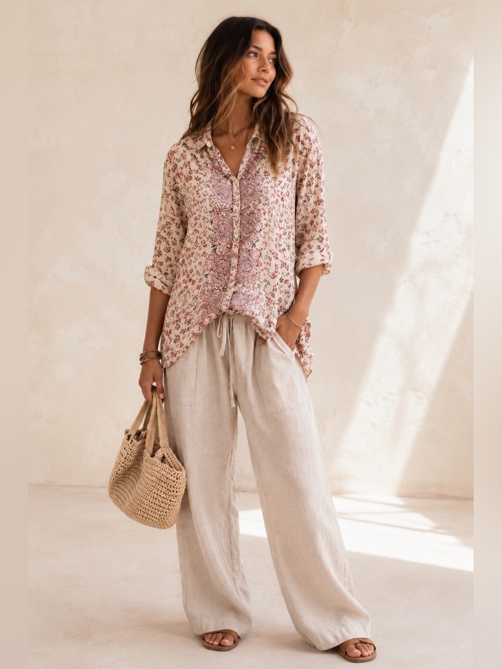 Nostalgia Elevated Boho Lagenlook Cream and Pink Floral Button-Down Shirt
